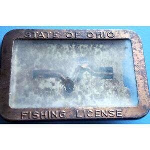 1940's Vintage Ohio Fishing License Holder Small Metal Pinback See Pictures